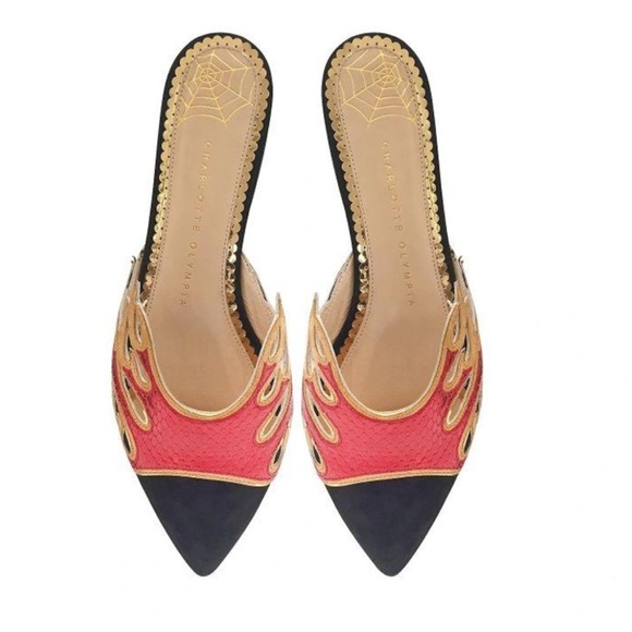 CHARLOTTE OLYMPIA Black Suede And Red Snake-printed Leather mules Size 37/7 - Picture 1 of 11